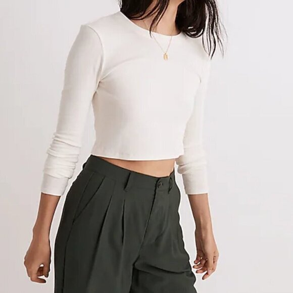 Madewell Fine Ribbed Super Crop Crewneck Long-Sleeve Tee Cream Size XXS - Picture 1 of 7